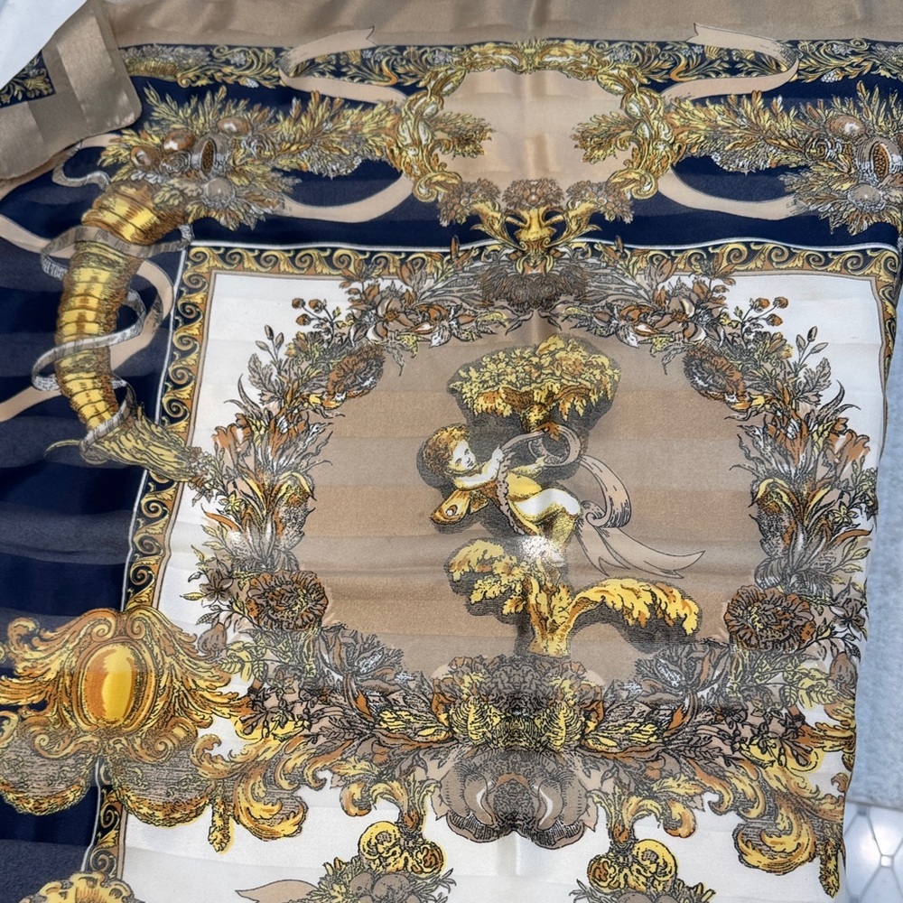 Ornate Baroque Floral Print Scarf in Gold, Navy & Cream